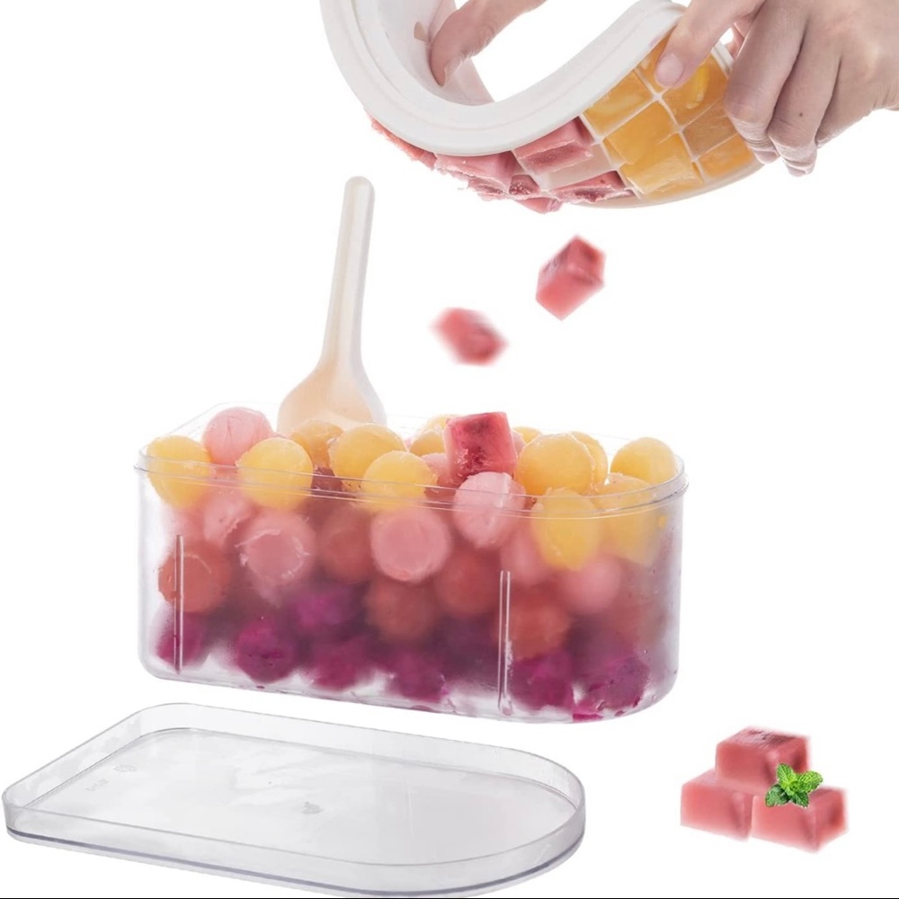 Ice Cube Tray Lid  Container Scoop Silicone Flexible Makes Mini Cubes Lot of 2